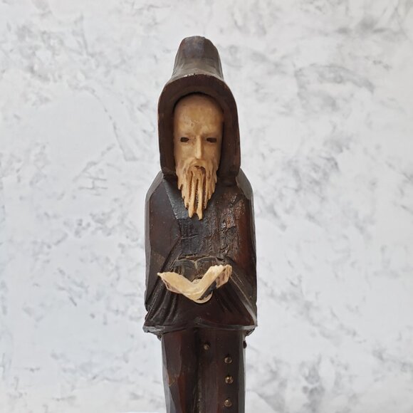 MCM Religious Old Man Hood Robe Book Vintage Hand Carve Wood Statue Goth Witchy - Picture 7 of 9